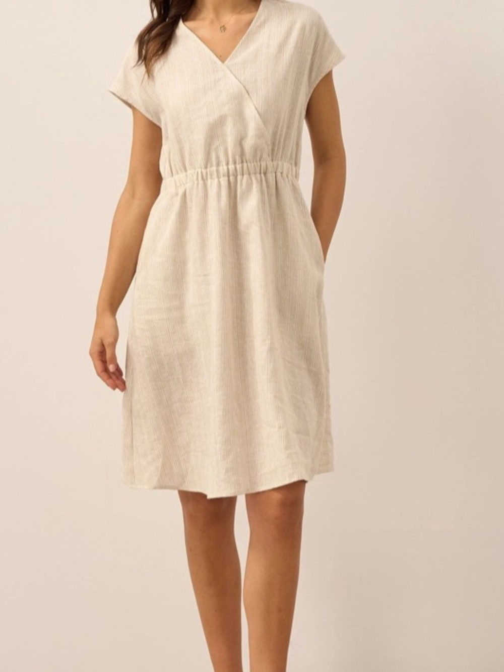 100% Linen Striped Elastic-Waist MIDI Dress